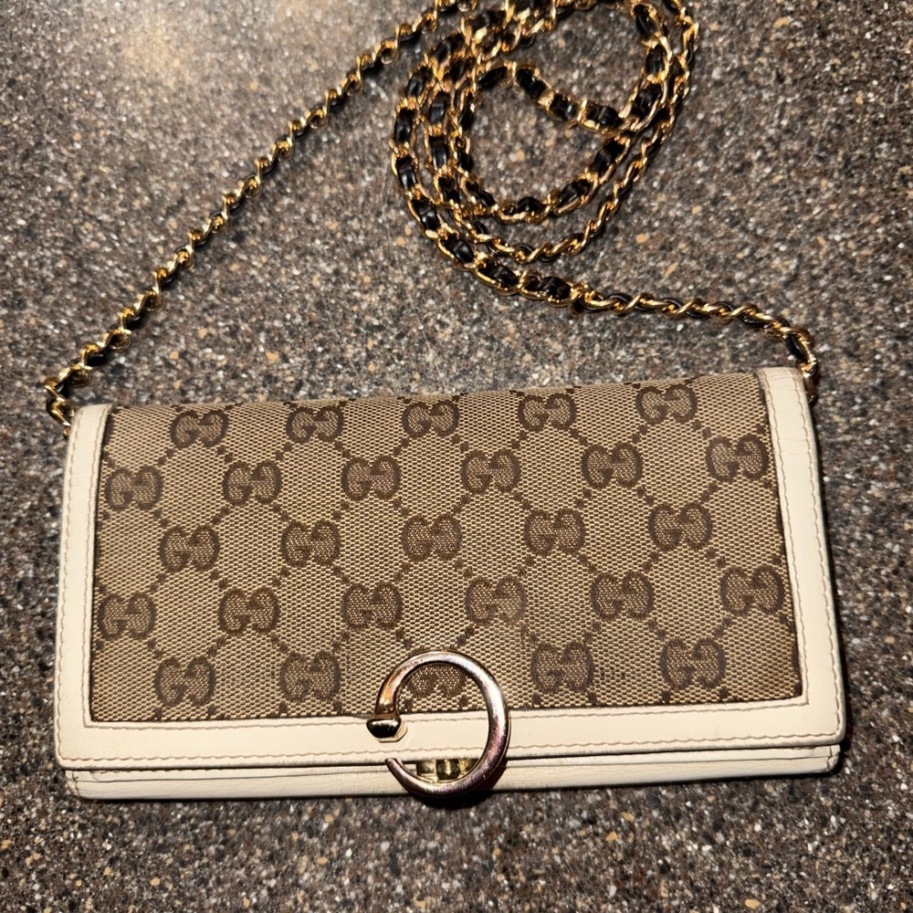 Gucci Beige and Brown Monogram Clutch COA included